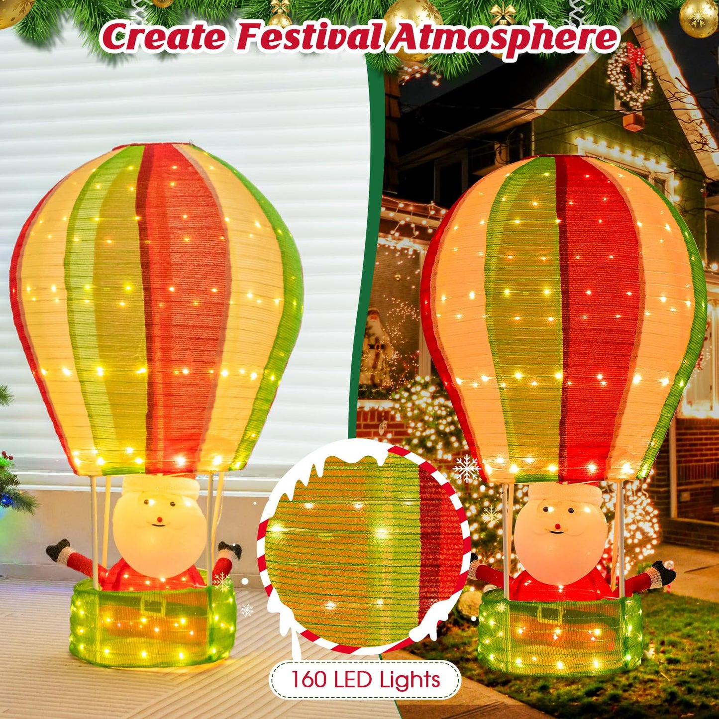 Lighted Santa in Hot Air Balloon with LED Lights and Pop-up Design