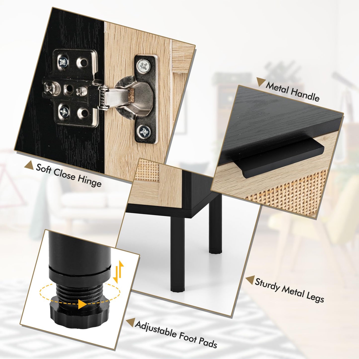 Set of 2 Rattan Nightstand with Drawer and Cabinet and Metal Legs