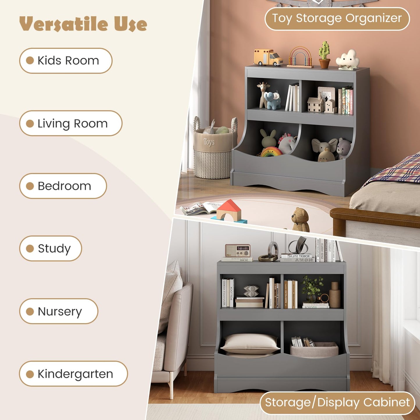 Kids Bookcase, Wooden Toy Storage Unit with Shelves and Compartments