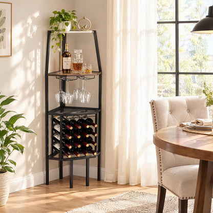 Corner Wine Rack with Glass Holder & Storage Shelves