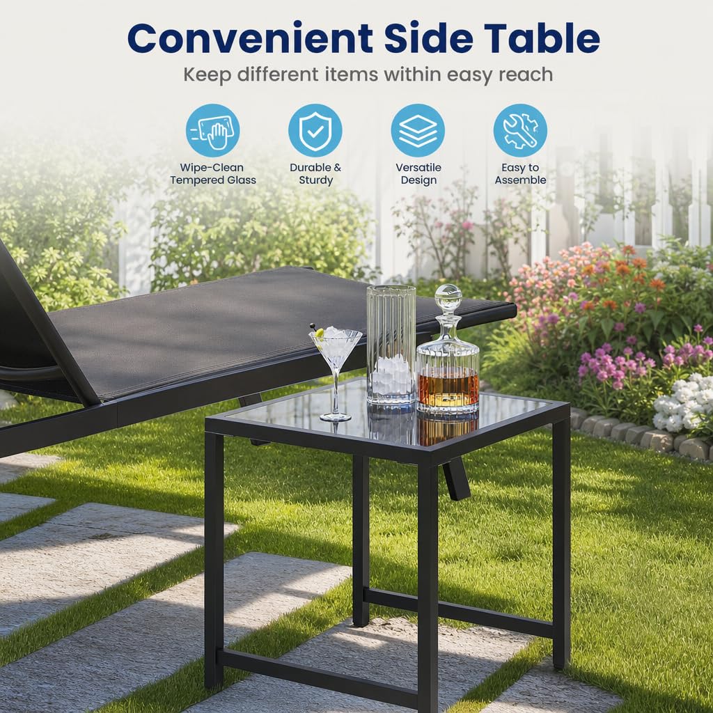 Garden Sun Lounger with Side Table, 6-Level Patio Recliner