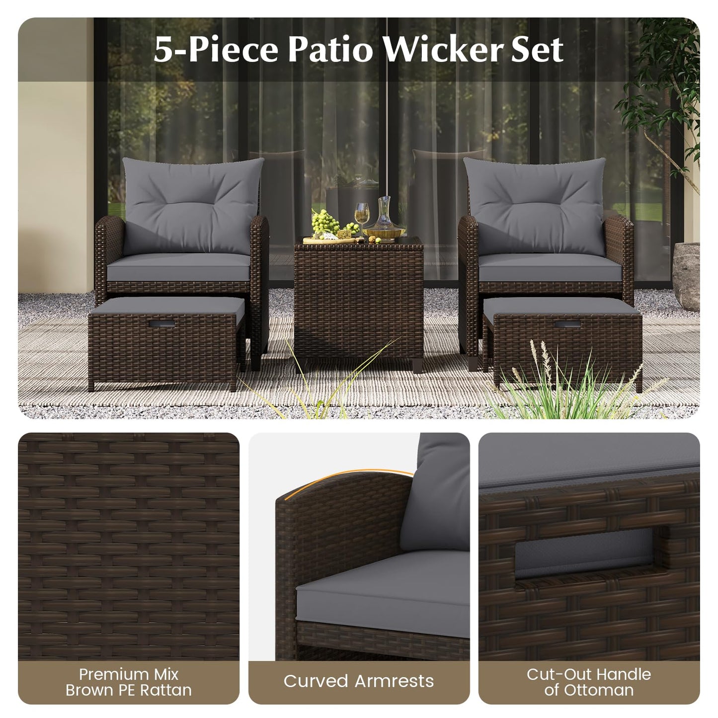 5-Piece Rattan Garden Furniture Set, Patio Conversation Set with 2 Chairs