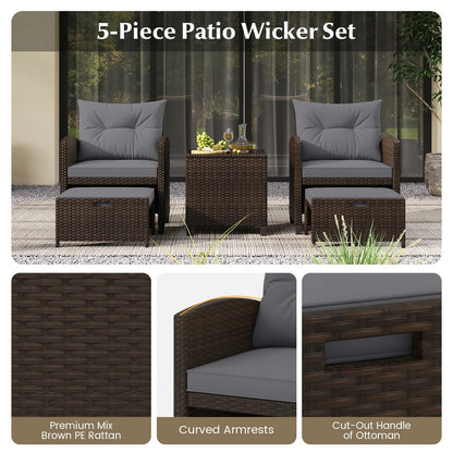 5-Piece Rattan Garden Furniture Set, Patio Conversation Set with 2 Chairs