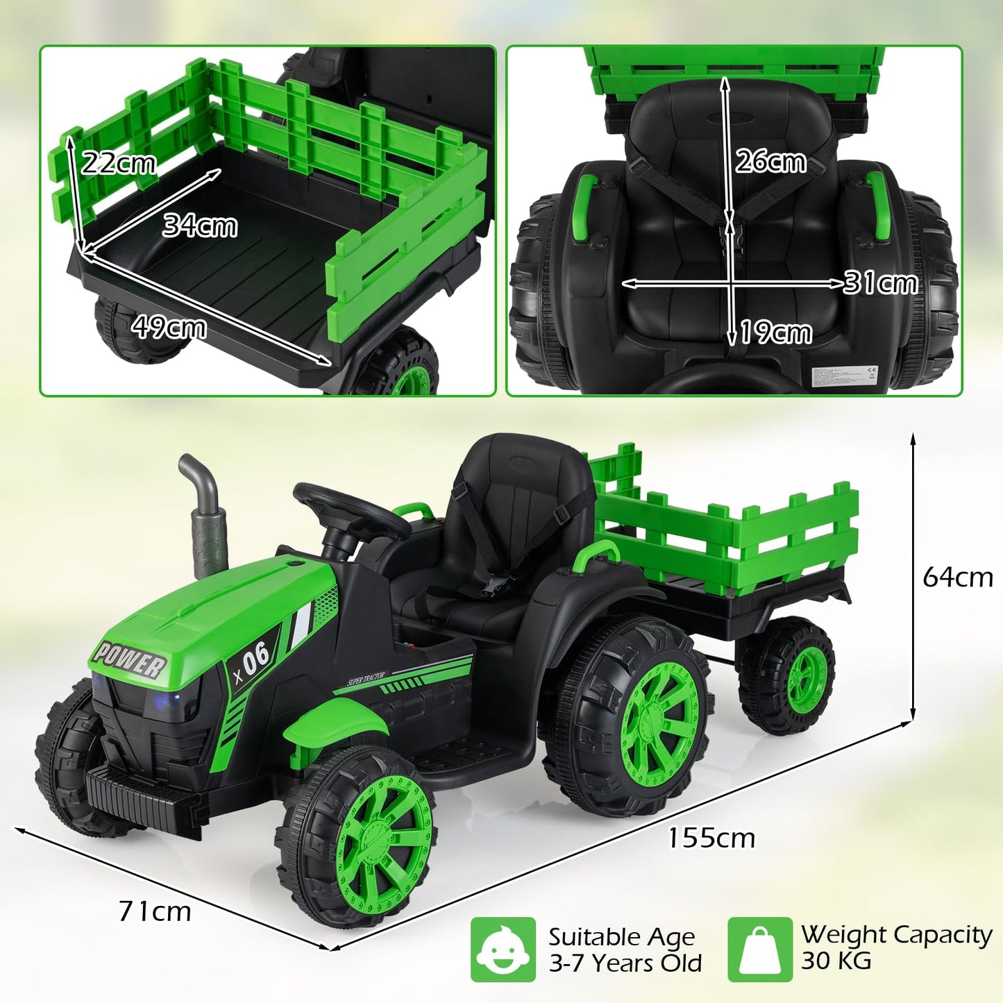 24V Ride On Tractor with RGB LED Headlights and Parent Remote Control
