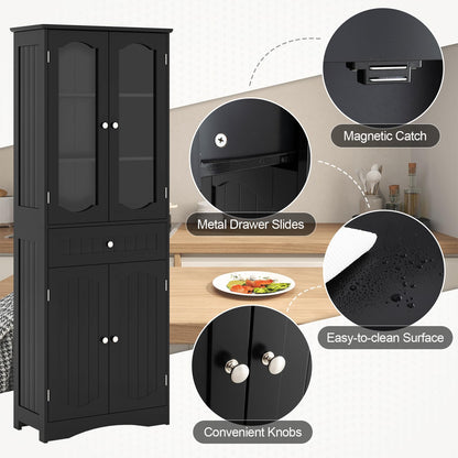 160cm Freestanding Linen Tall Bathroom Storage Cabinet with 2 Glass Doors