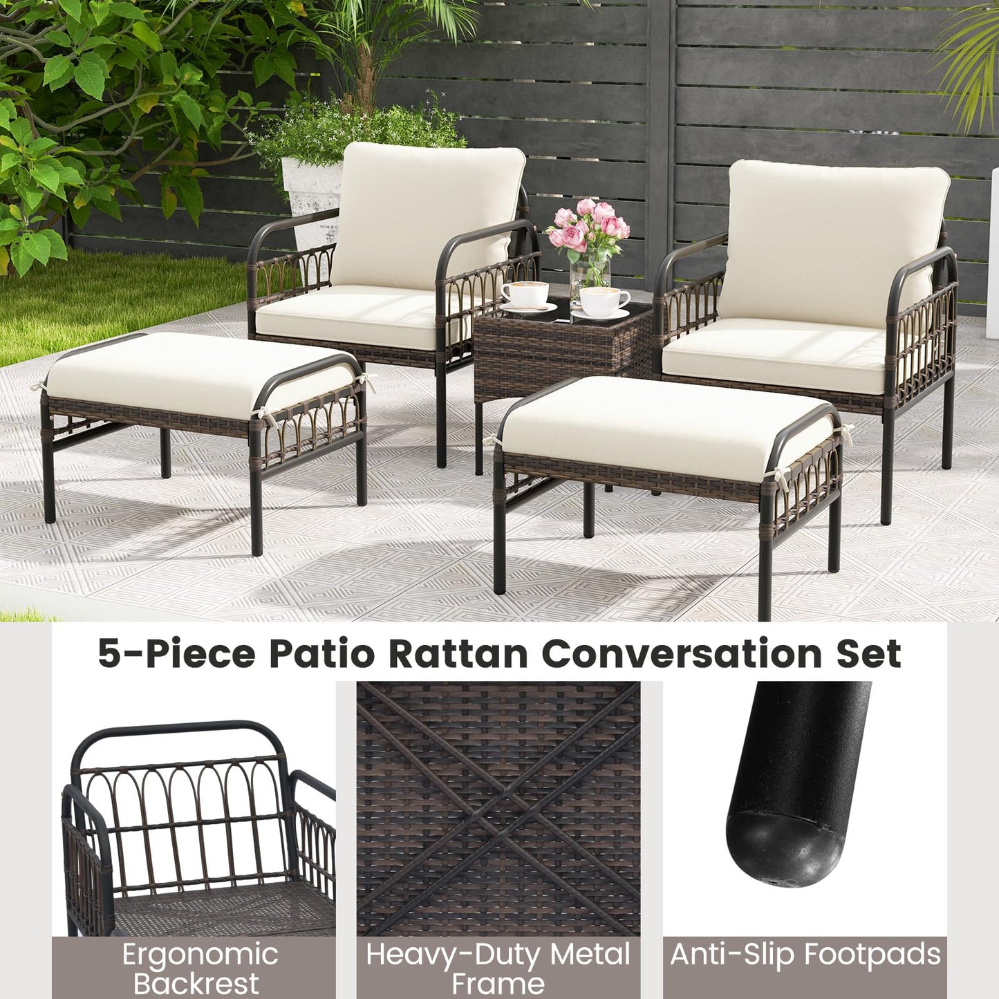 5PCS Rattan Garden Furniture Set for Balcony Yard Poolside