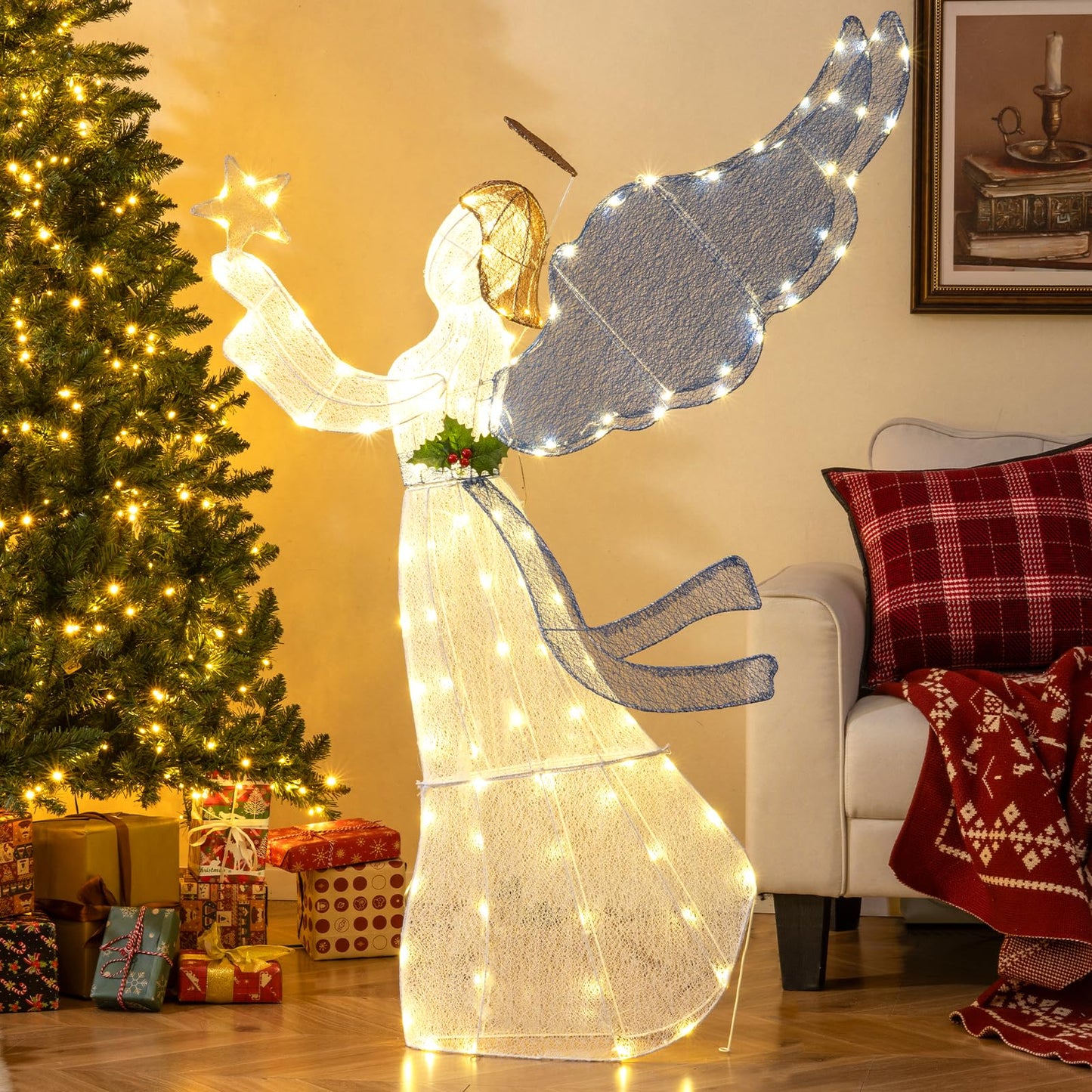 Pre-lit Christmas Angel, 3D Glittered Angel with LED Lights