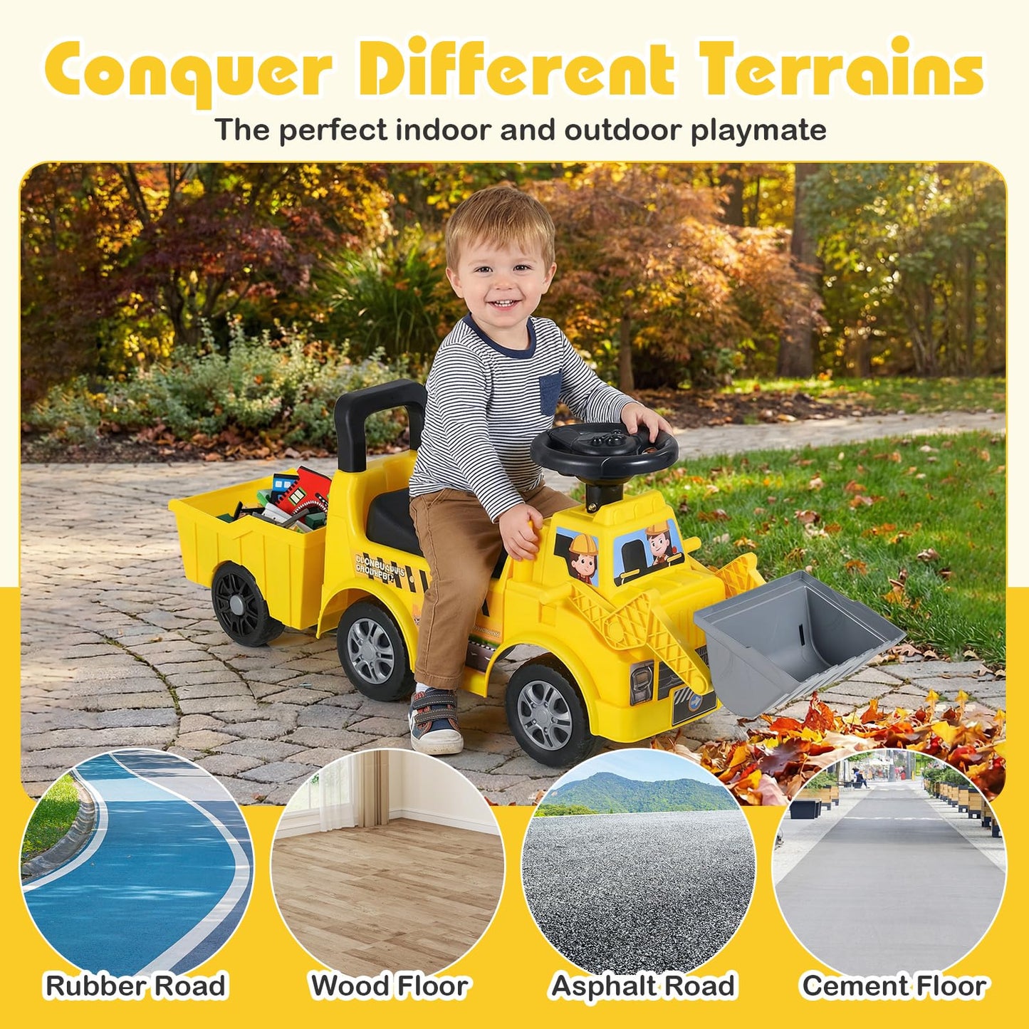 Kids Ride on Excavator, No Power Toddler Digger Ride on Push Car with Shovel