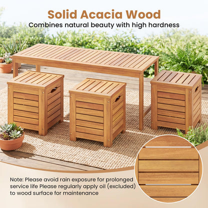 4-Piece Garden Bench and Storage Box Set, Acacia Wood Backless Patio Bench and Deck Boxes