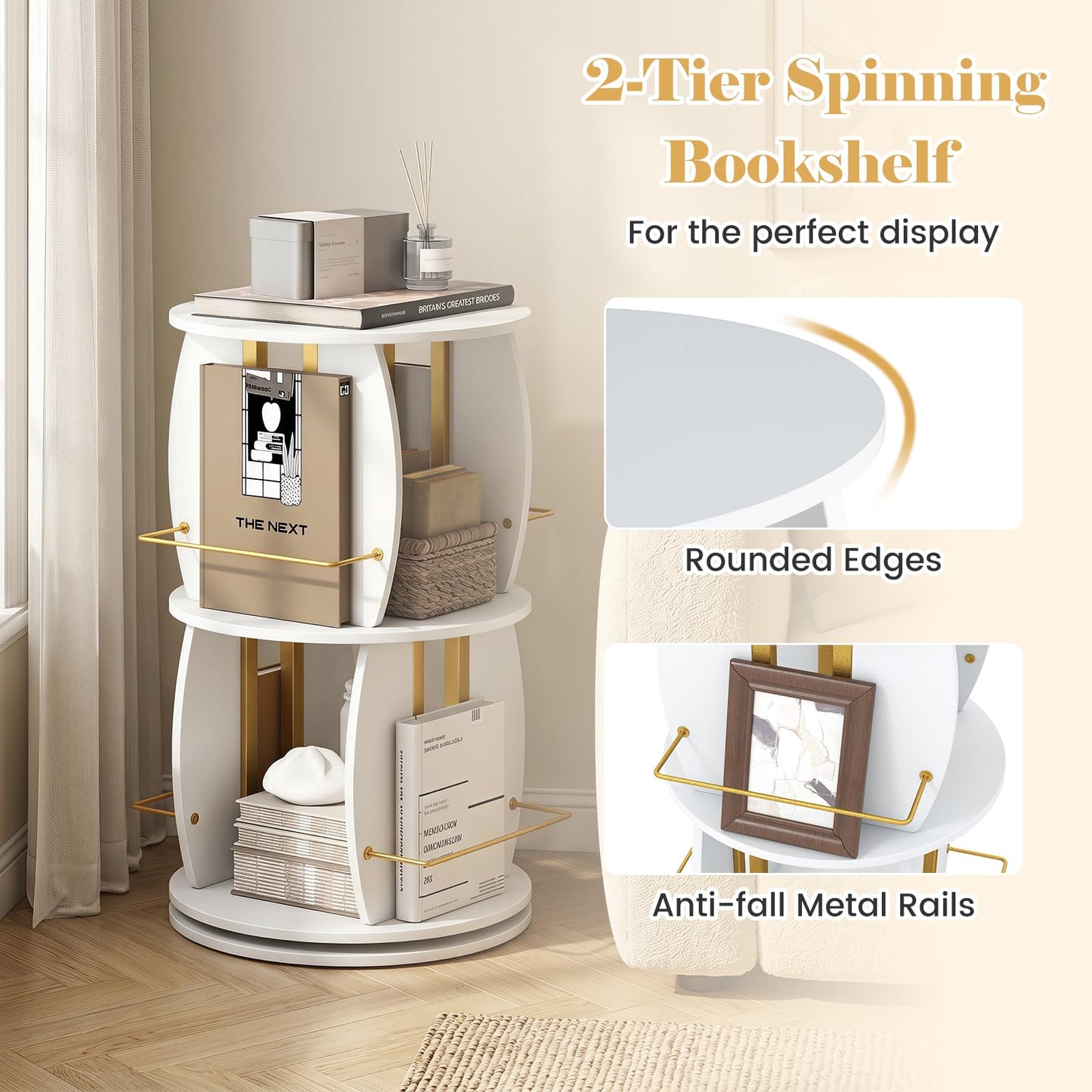 2-Tier Rotating Bookshelf Tower with Display Stands