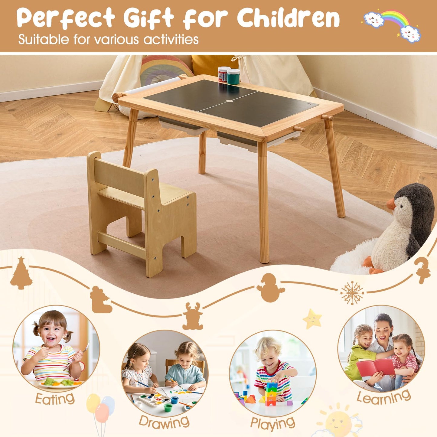 Sensory Table and Chair Set with Foldable Bins for Kids 2 to 8