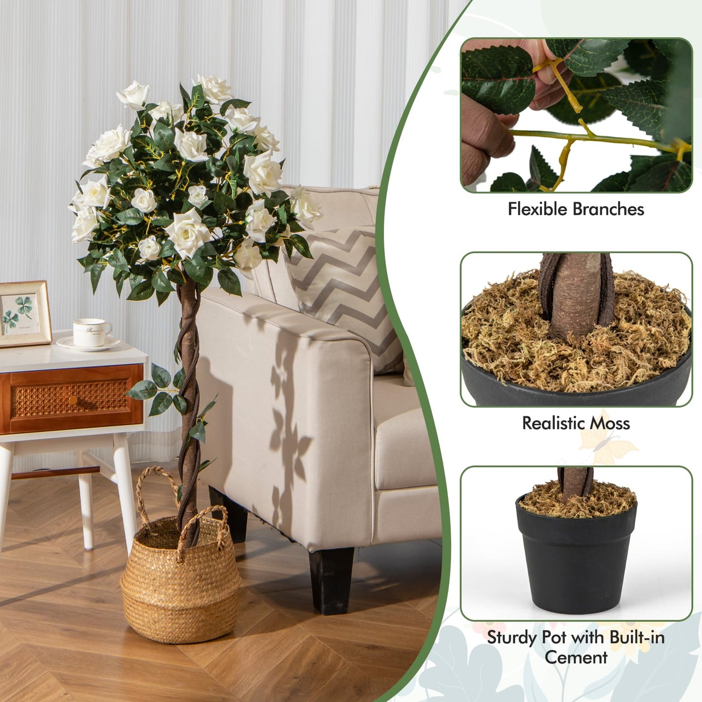120 CM Artificial Flower Tree Faux Floral Plant with White Roses