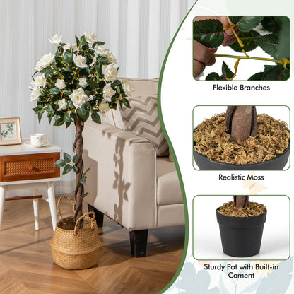 120 CM Artificial Flower Tree Faux Floral Plant with White Roses
