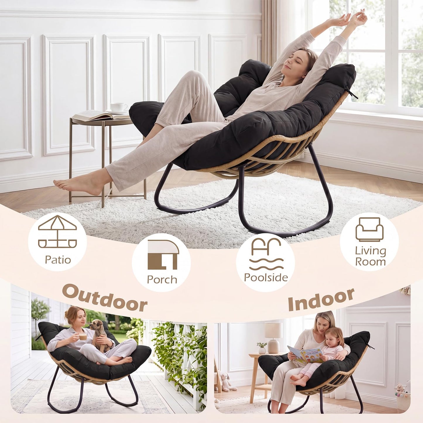 Outdoor Rocking Chair, Oversized Patio Wicker Egg Chair with Thick and Removable Cushion