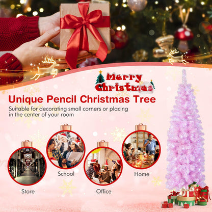 180 cm Pink Slim Xmas Tree with 475 Branch Tips and 250 Cold White LED Lights