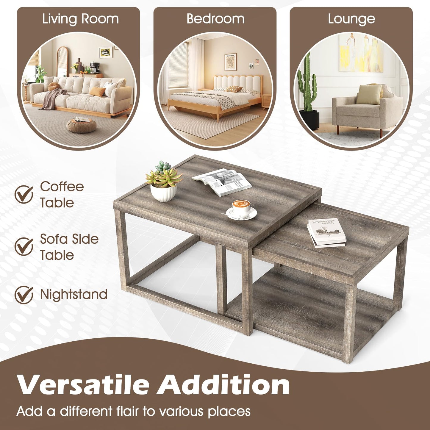 Nesting Coffee Table Set of 2 with Storage Shelf and Rubber Wood Frame