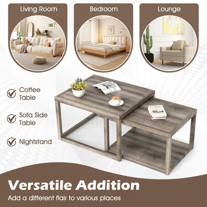 Nesting Coffee Table Set of 2 with Storage Shelf and Rubber Wood Frame