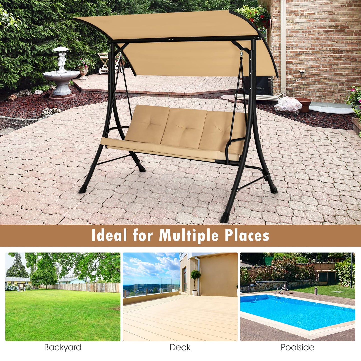 3 Seater Garden Hammock Bench Chair with Adjustable Canopy and Soft Cushions