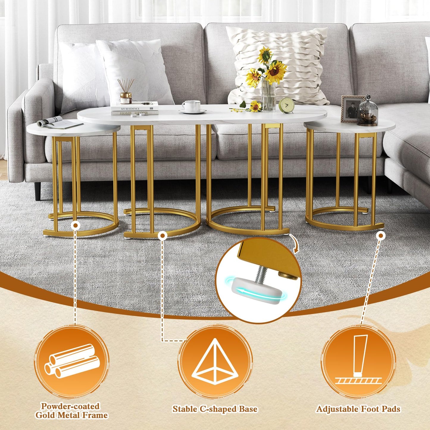 3-Piece Nesting Coffee Table Set 110cm Coffee Table with 2 Side Tables