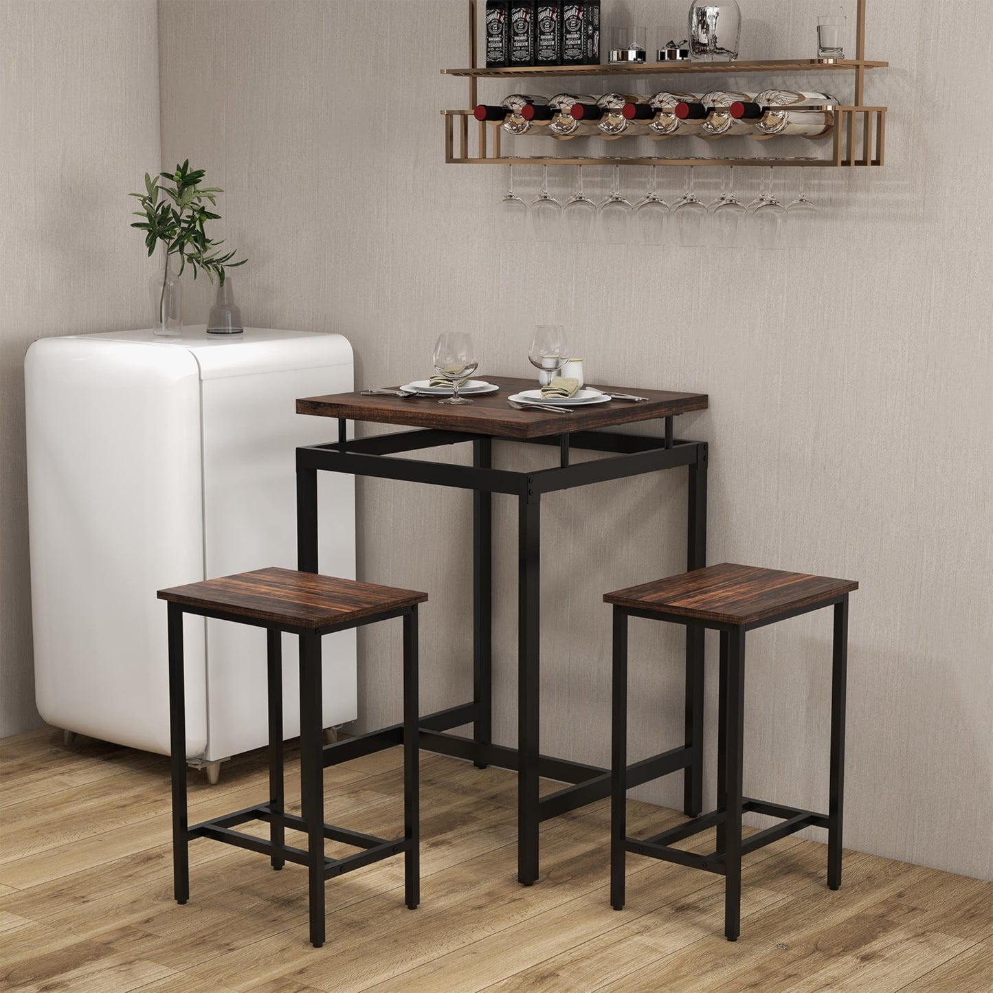 Counter Height Table and 2 Stools set with Floating Tabletop and Footrest for Small Space