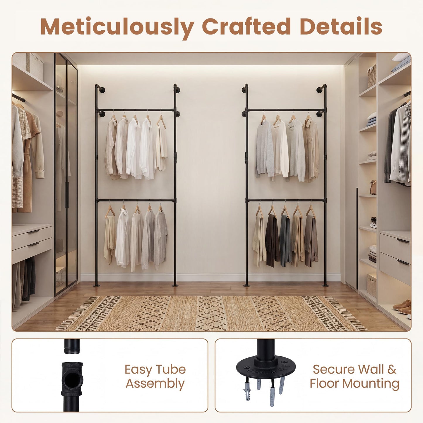 Telescopic Clothes Rail, 2-Tier Walk-in Closet System Open Wardrobe Organiser with 2/4 Hanging Rails