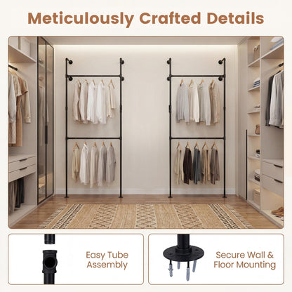 Telescopic Clothes Rail, 2-Tier Walk-in Closet System Open Wardrobe Organiser with 2/4 Hanging Rails