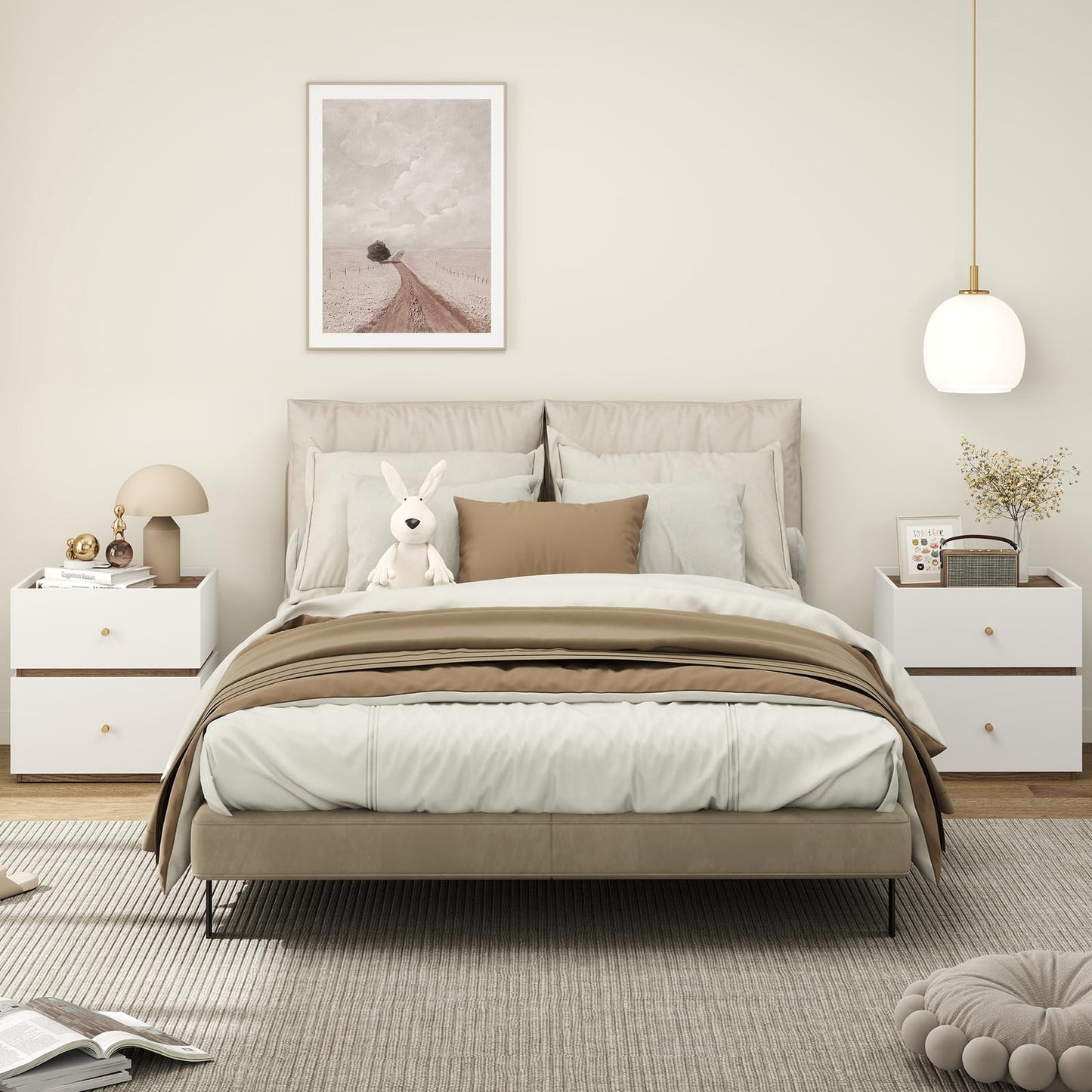 2-Drawer Modern Bedside Table with Storage Compact Floor Night Table