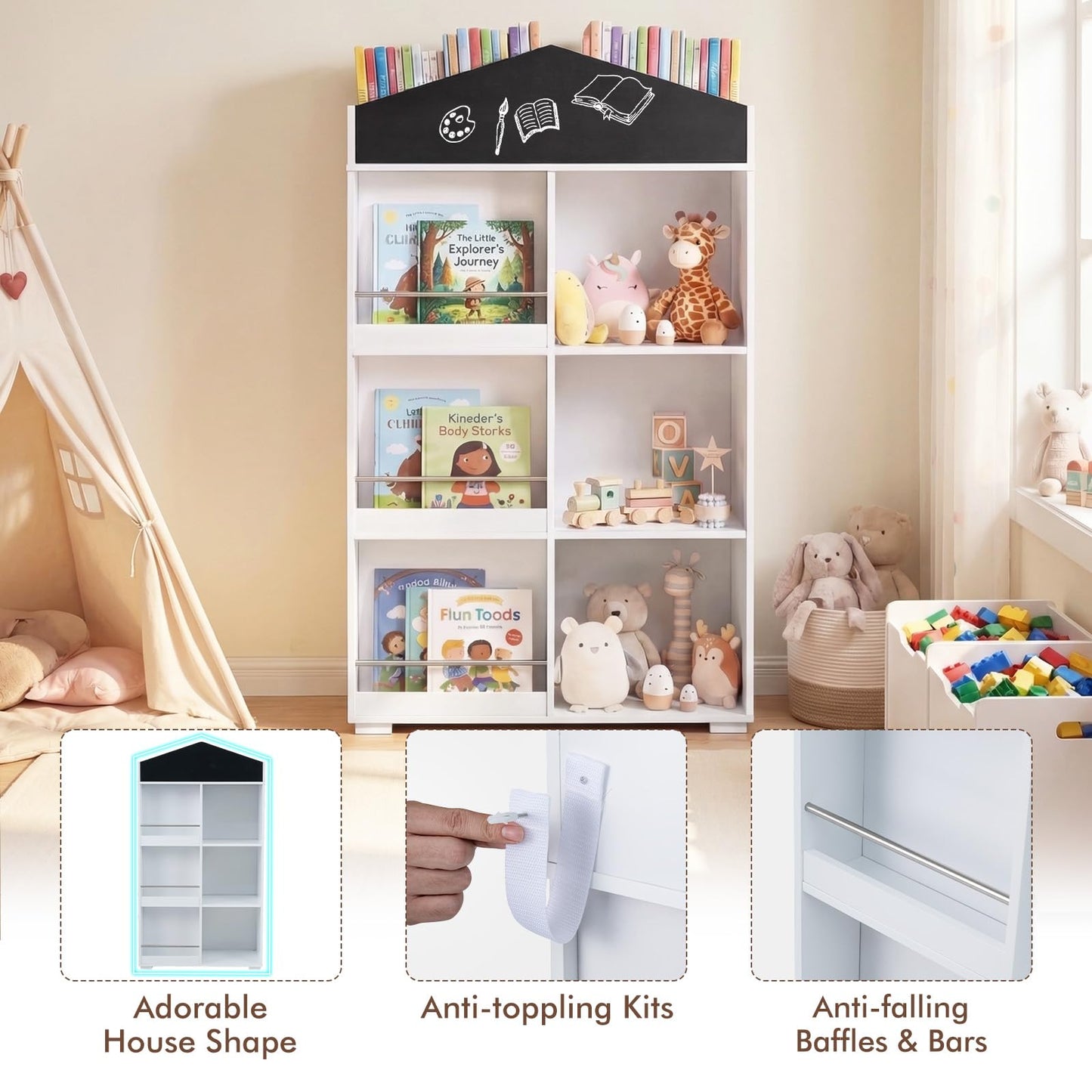 Kids Dollhouse Bookshelf with Chalkboard for Kids Room, Nursery, Playroom
