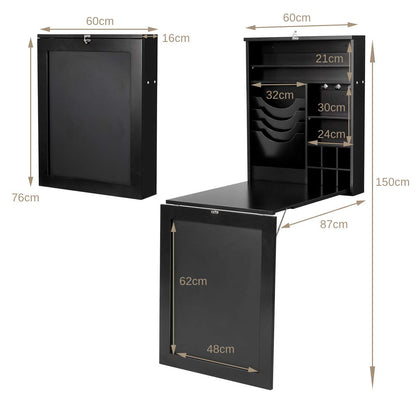 Folding Wall Mounted Drop-Leaf Table, Space Saving Floating Computer Desk with Chalkboard and Adjustable Storage Shelves