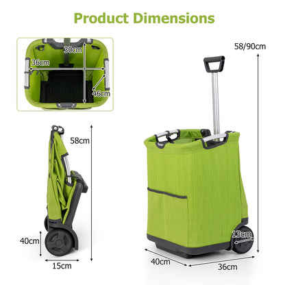 50L Folding Shopping Trolley on Wheels with 3 Pockets & Retractable Handle