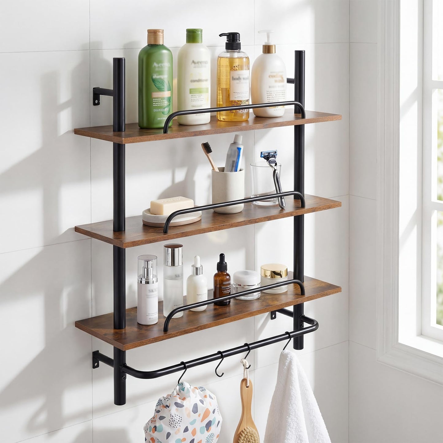 3-Tier Industrial Floating Shelves for Wall with 4 S-Shaped Hooks