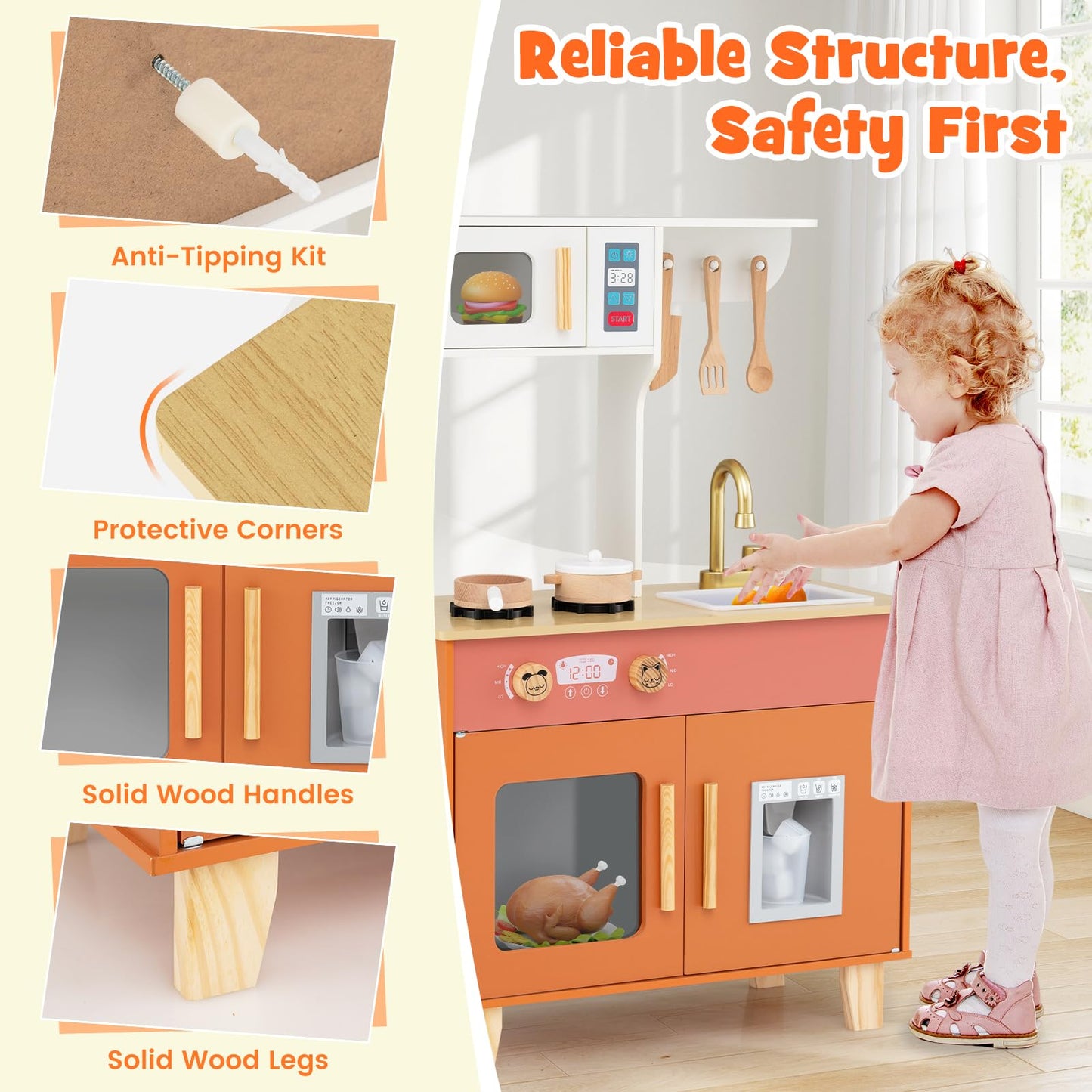 Wooden Play Kitchen with Cookware Accessories for Ages 3-6