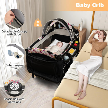 Portable Baby Bed Playard with Adjustable Canopy, Changing Table