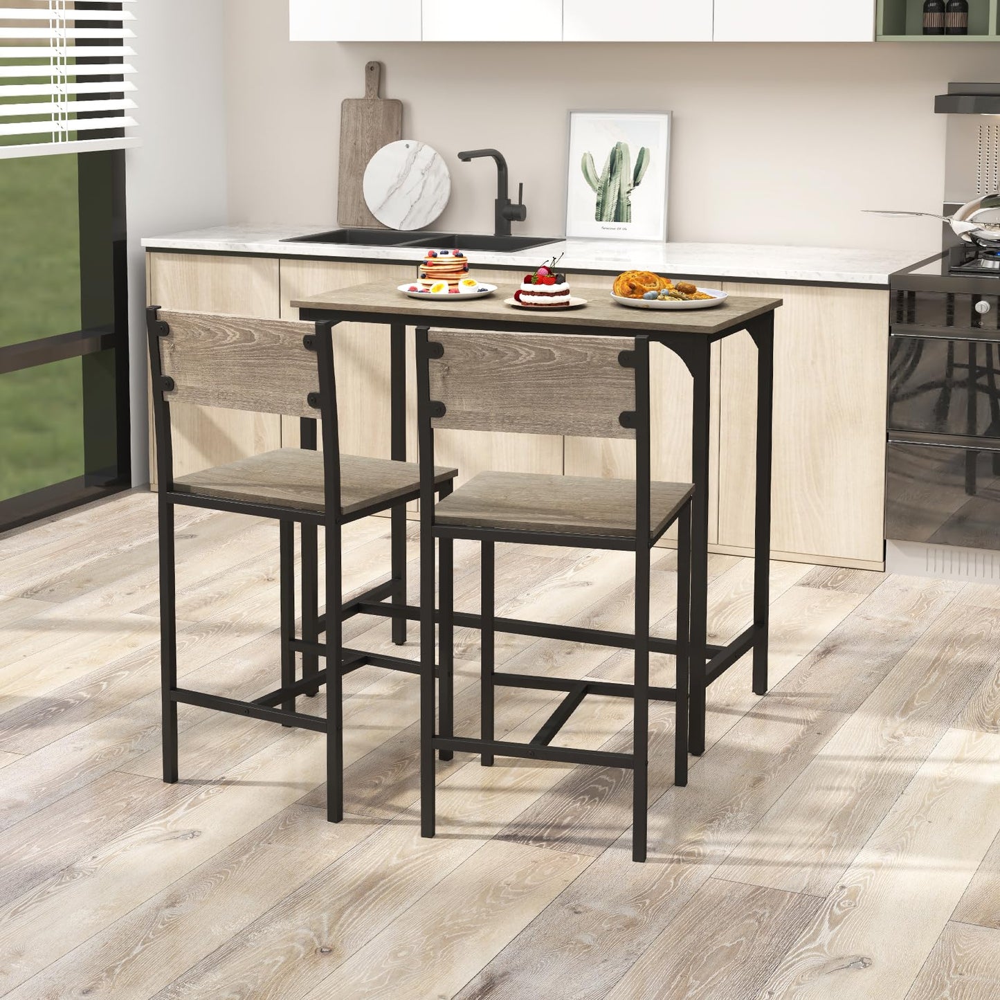 3 Piece Bar Table Set with Pub Dining Table and 2 Bar Stools for Small Space