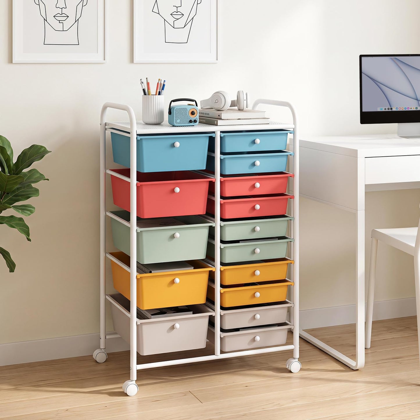 15 Drawers Storage Trolley, Home Office Stationary Rolling Cart