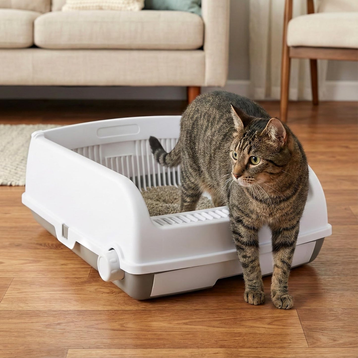 Cat Litter Box, Semi-auto Splash-proof Cat Toilet with Drawer-type Potty Tray