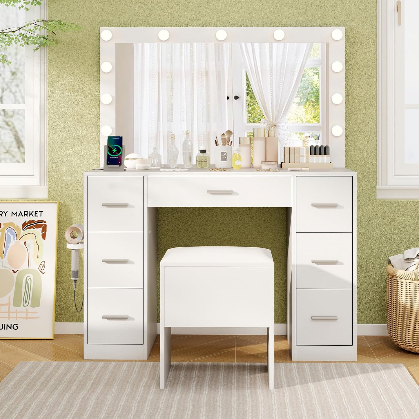 Dressing Table with 3-Color Large LED Mirror and Cushioned Storage Stool