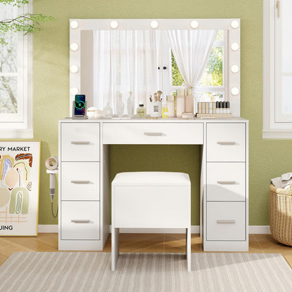 Dressing Table with 3-Color Large LED Mirror and Cushioned Storage Stool