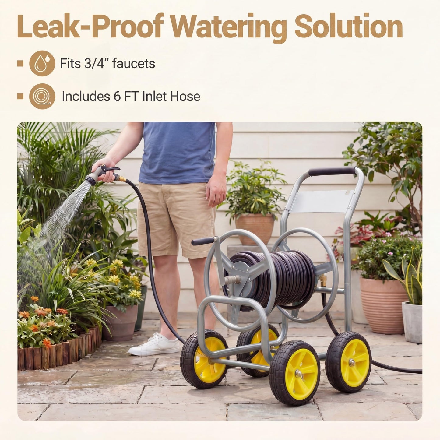 GiantexUK Garden Hose Reel Cart, Heavy-Duty Metal Hose Pipe Trolley with 4 Wheels