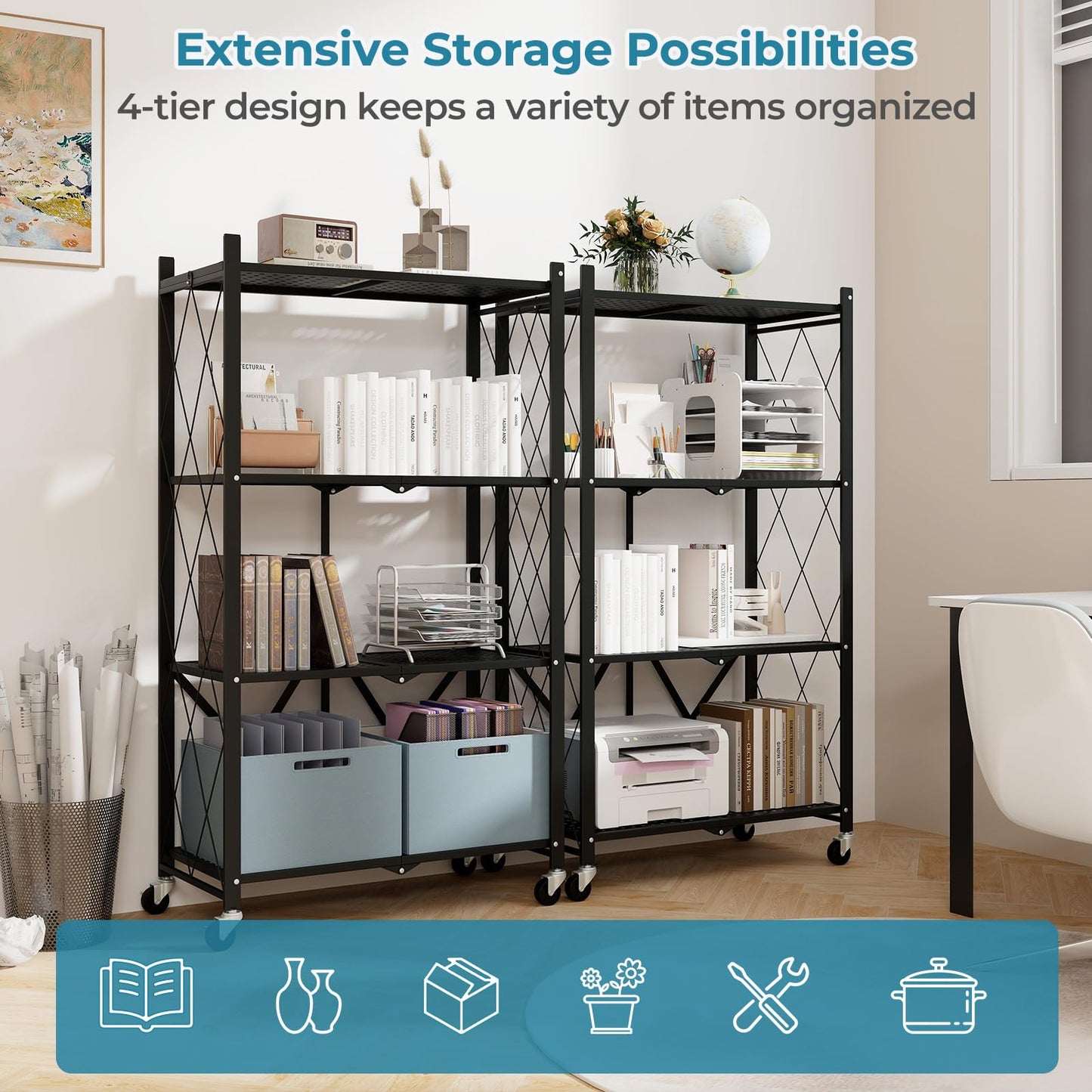 4-Tier Metal Foldable Collapsible Storage Rack with Lockable Wheels