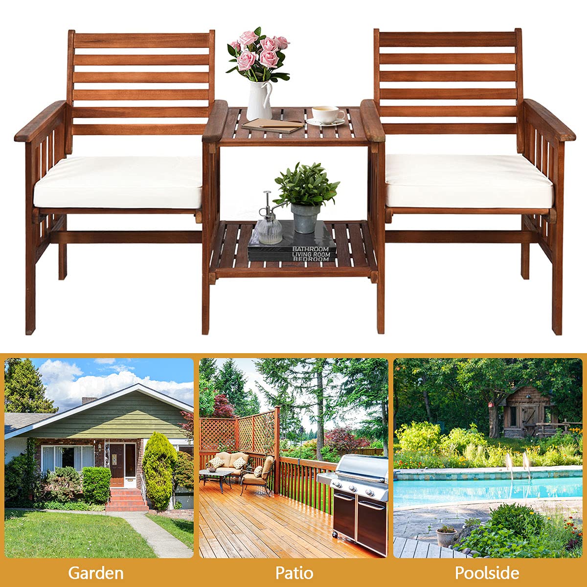 2-Seater Garden Loveseat, Wooden Bench Seat with 2 Tier Coffee Table and Umbrella Hole