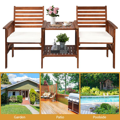 2-Seater Garden Loveseat, Wooden Bench Seat with 2 Tier Coffee Table and Umbrella Hole