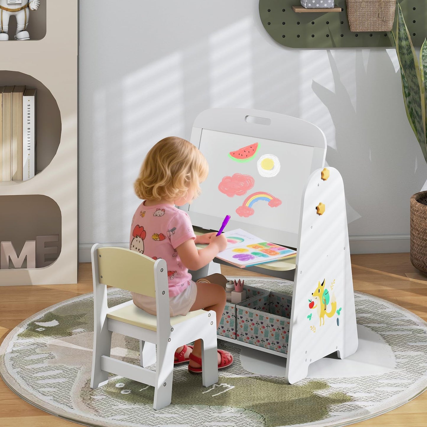 Kids Art Easel and Chair Set with Magnetic Whiteboard
