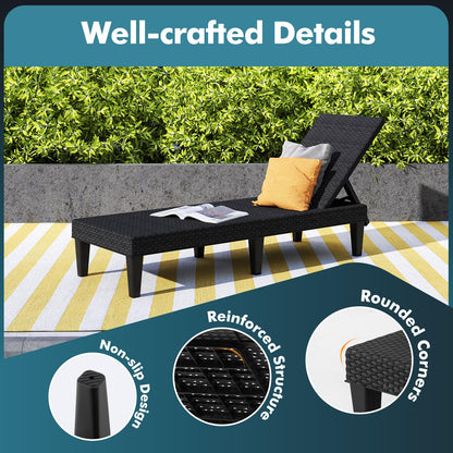 PP Rattan-Style Patio Chaise Lounge Deck Sunbed with 3-Position Adjustable Backrest and 6 Legs