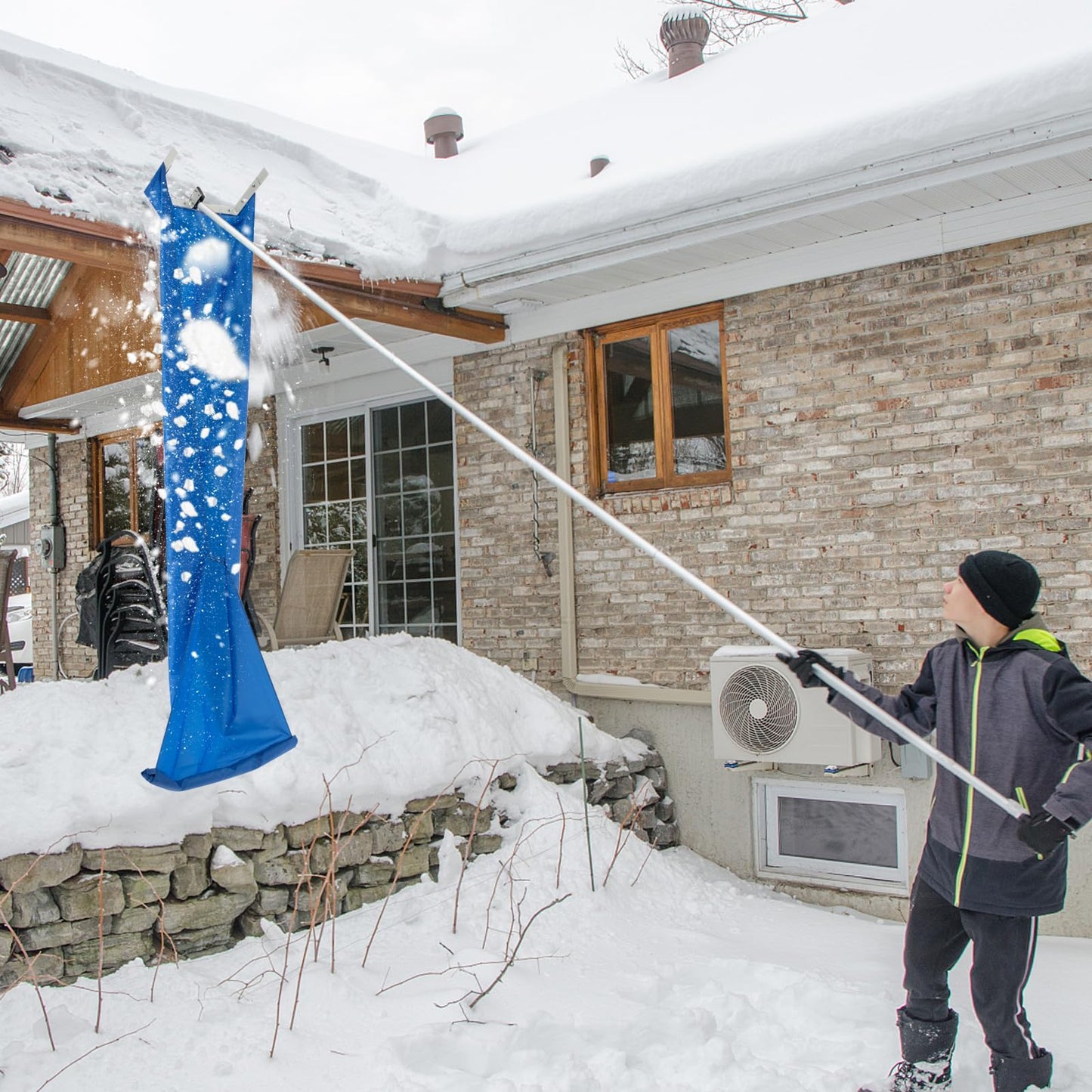 Snow Roof Rake with 4 Section Pole Wheels and Anti-slip Handle