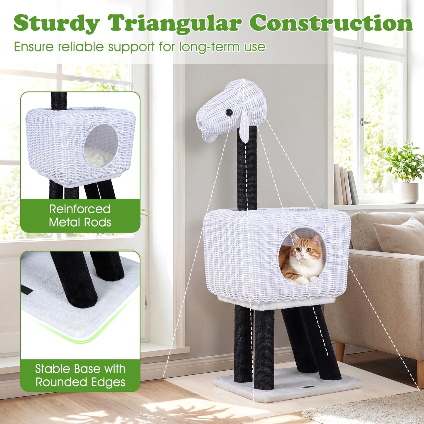 Cat Tree 110cm Lamb-Shaped Cat Tower with 2-Door Rattan Condo Sisal Scratching Posts