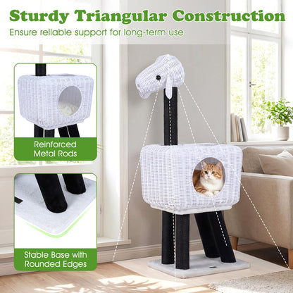 Cat Tree 110cm Lamb-Shaped Cat Tower with 2-Door Rattan Condo Sisal Scratching Posts