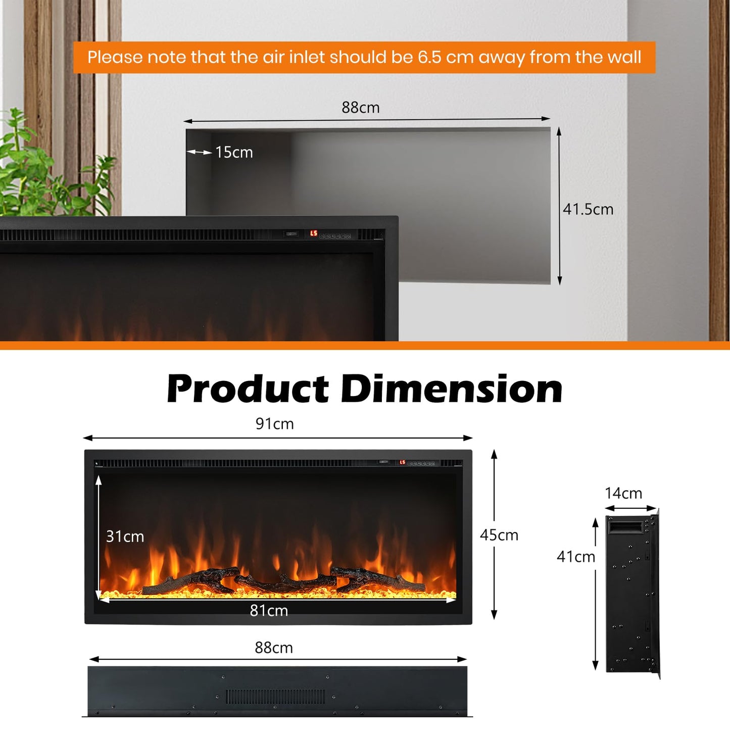 Linear Electric Fireplace with Log and Crystal Decor and Remote Contro