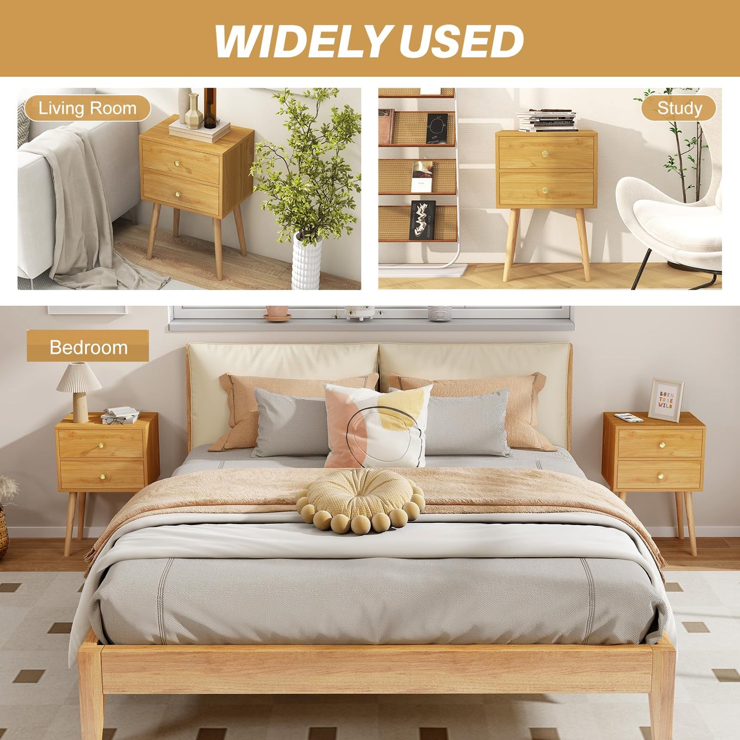 2-Drawer Nightstand with Solid Wood Legs for Bedroom