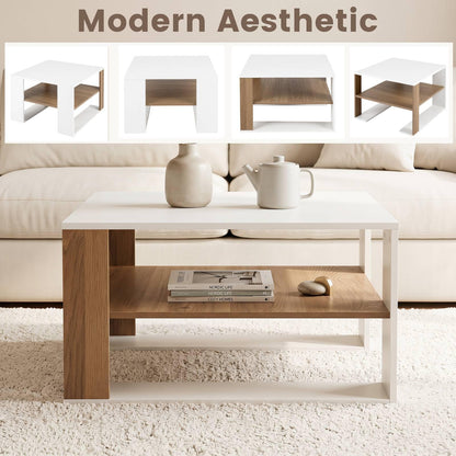 Wooden Square Coffee Table with Storage and Open Shelf for Living Room